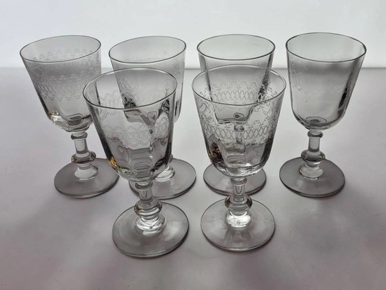 6 engraved glass wine/water glasses from the early 20th century. – Glass & Decanter, Crystal (photo 2 of 10)