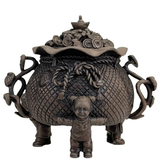 Chinese Bronze Incense Burner with Children and Lucky Symbols *Lucky Pot*