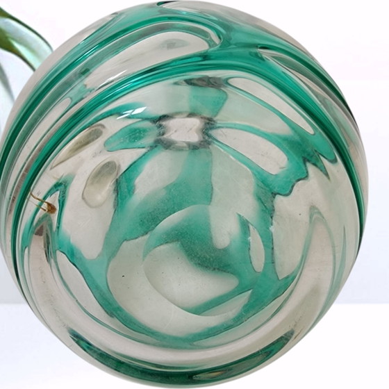 Vintage glass carafe / handle vase - clear glass with green train decoration, mid-century studio glass, 27 cm (photo 5 of 7)