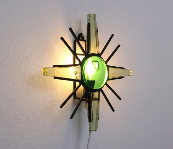Image 1 of Vintage metal sunburst wall lamp with green glass, 1960s