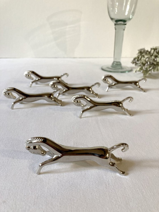 Image 1 of Six silver-plated metal knife rests in the shape of horses. 1960s