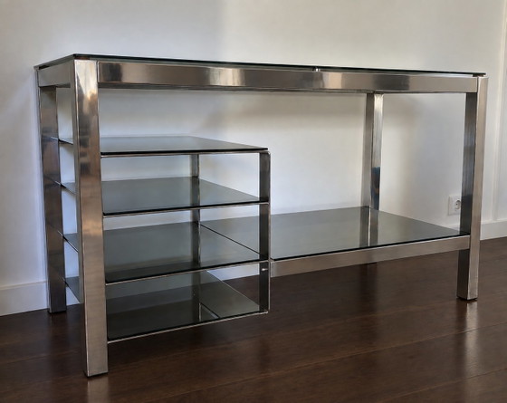 Space-Age 70s Chrome and Smoked Glass Console Italian Design (photo 2 of 5)