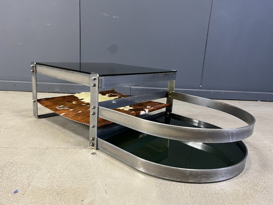 Image 1 of Tavolino da caffè in acciaio e cuoio di Willy Rizzo, anni '70