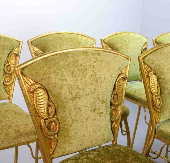 Image 1 of Set aus 6 glamourösen, vergoldeten Barhockern im Hollywood-Regency-Stil mit Cobra-Motiv und frischem, limettengrünem Samtbezug, 