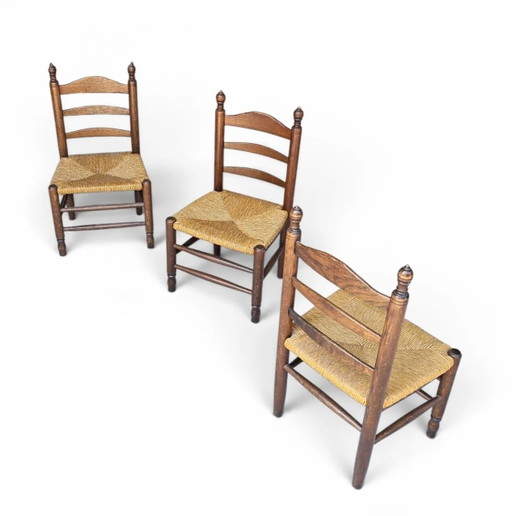 3 x Antique Provincial Ladderback Child's Chairs / Rush Seat / 1930s