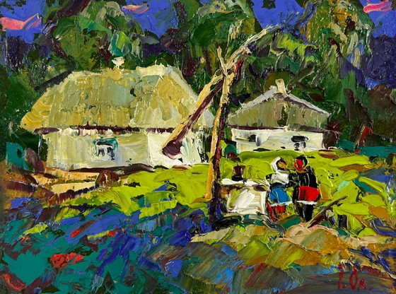 Image 1 of Original Oil Painting Summer Village Landscape Conversation in the embrace of silence