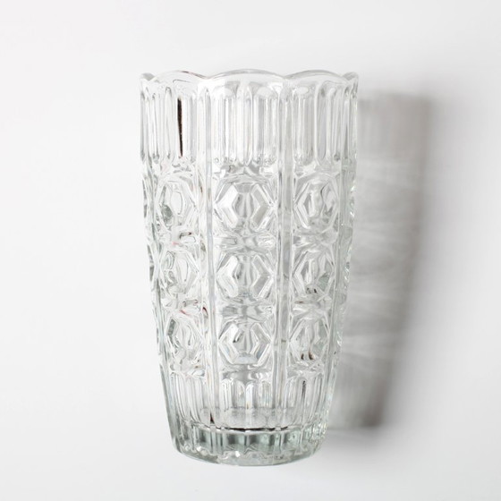 Image 1 of Mid-century Vintage Solid Heavy Clear Hand Pressed Glass Flower Vase / Fidenza / Italy / 1960s