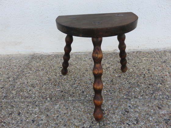 Image 1 of Tripod stool, Brutalist, solid wood, half-moon seat, 50s 60s