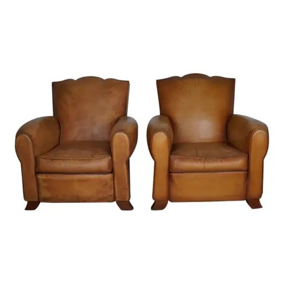 Image 1 of Set Franse cognackleurige leren clubfauteuils met ‘moustache’-rugleuning, jaren 1950