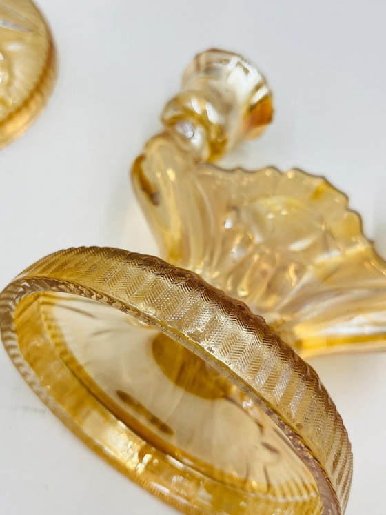 Image 1 of Ein Paar Empoli-Kerzenständer aus bernsteinfarbenem Glas im Art-Deco-Stil