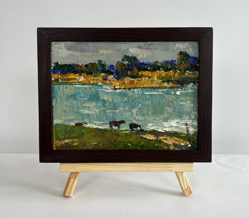 Original Oil Painting Gloomy River Landscape At the watering hole