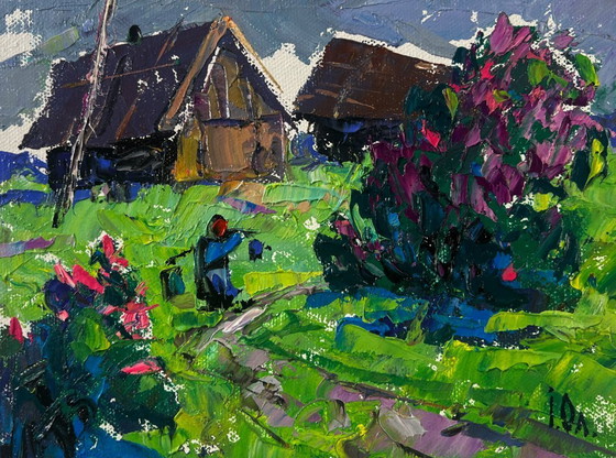Image 1 of Original Oil Painting Summer House Landscape Cool evening with the smell of grass