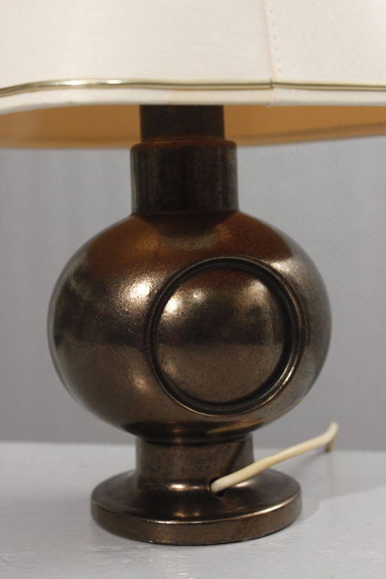 Image 1 of Vintage ceramic lamp base, black and gold enamel, 1950s Jouve style