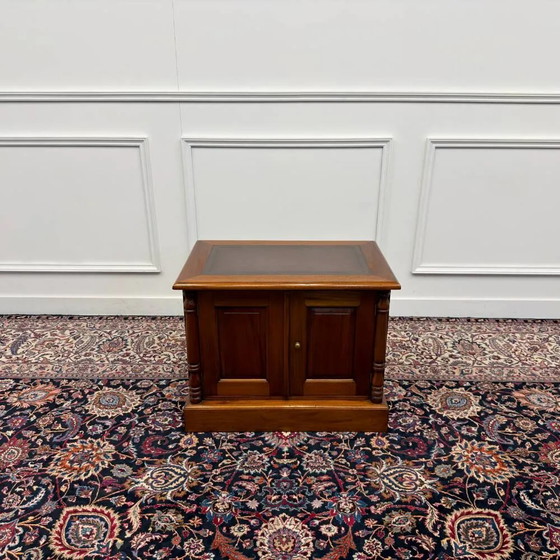 Klassischer englischer Büroschrank Druckertisch, Sideboard, Leder, Holz (Foto 3 von 10)