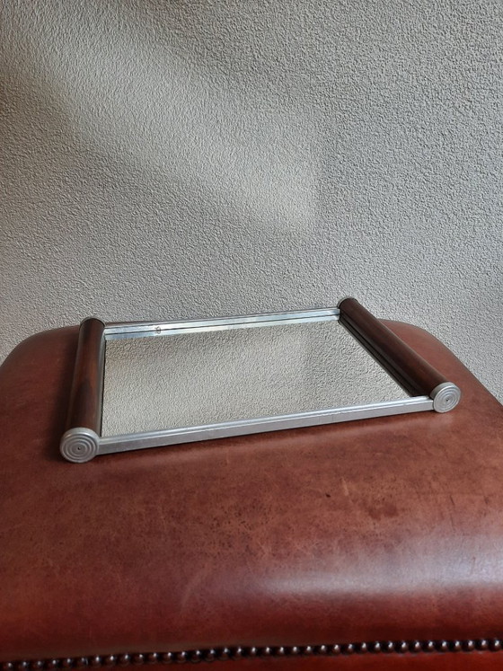 Vintage Art Deco Style Tray with Wooden Handles and Mirrored Top – Table accessories, Glass, Metal (photo 5 of 5)
