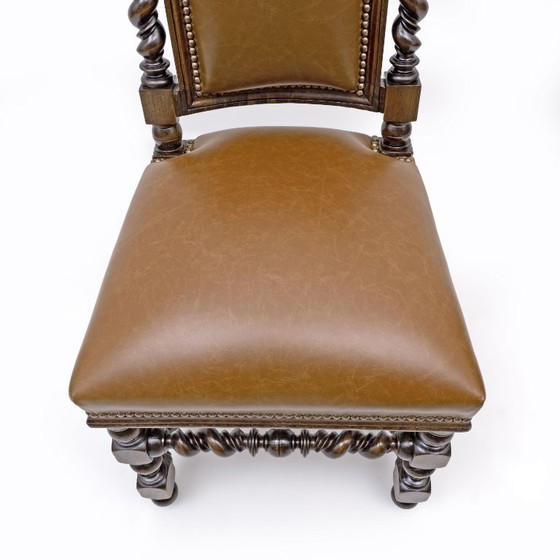 Image 1 of Six of Antique Italian Neo-Renaissance Walnut Dining Chairs in Genuine Leather.