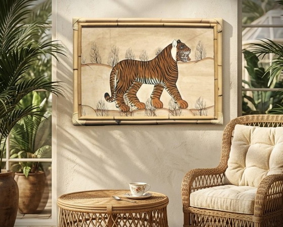 Artiste Inconnu - Tigre dans Cadre en Bambou – Art Décoratif Exotique – Style Années 70 – Peintures et dessins (photo 3 of 6)