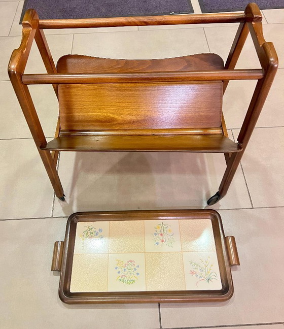 Image 1 of Original 60s serving trolley with newspaper rack and removable Grünstadt fine ceramics tray, Mid - Century classic