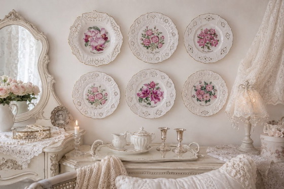 Image 1 of Vintage Crown Davenport Porcelain Plate Set – 6 Floral Decorative Plates – Shabby Chic Cottage Style