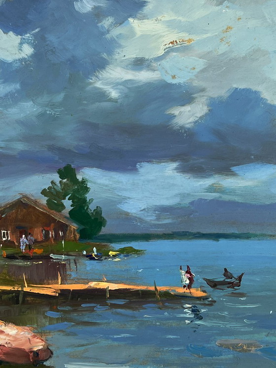 Image 1 of Peinture à l'huile originale : Paysage rural, maisons de village près de la rivière