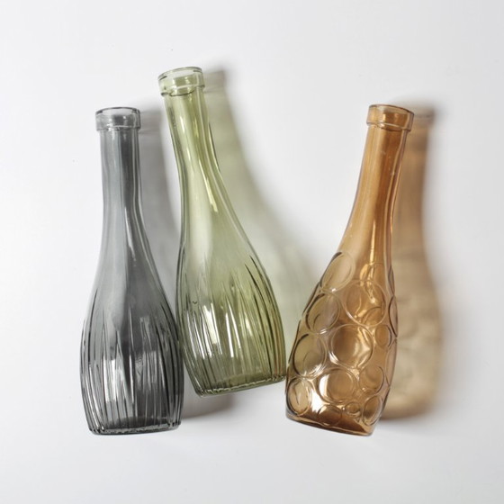 Image 1 of Set of 3 Grey, Green and Amber Glass Vases / Colored Bottles or Flower Vases / Ikea / 2000s