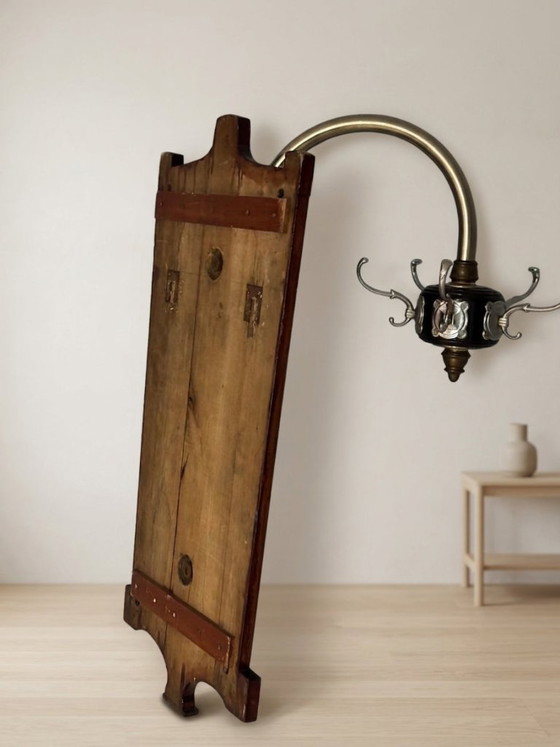 Vintage coat rack mid century wooden rack with metal hooks, 55 × 40 × 92 cm (photo 4 of 9)