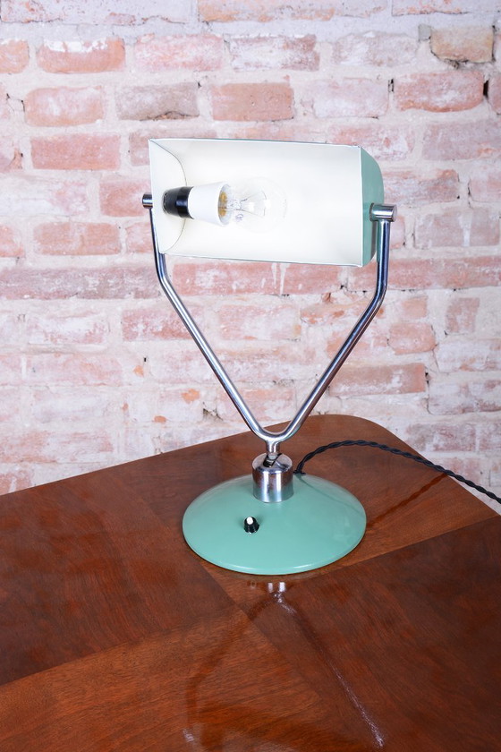Original Mid-Century Table Lamp, by NAPAKO, Chrome-Plated Steel, Czech, 1950s, Metal, Green (photo 11 of 13)