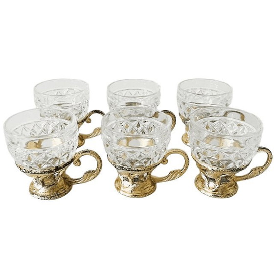 Image 1 of Vintage set of glass coffee cups in gold plastic holder 1970s