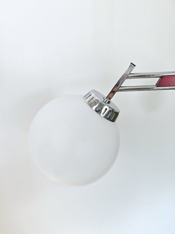 Image 1 of Vintage Chandelier with Opal Glass Globes / Mid Century Modern 3-Arm Pendant Light / Chrome Retro Ceiling Lamp 1960s