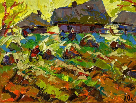 Image 1 of Original Oil Painting Evening Village Landscape Autumn gardens