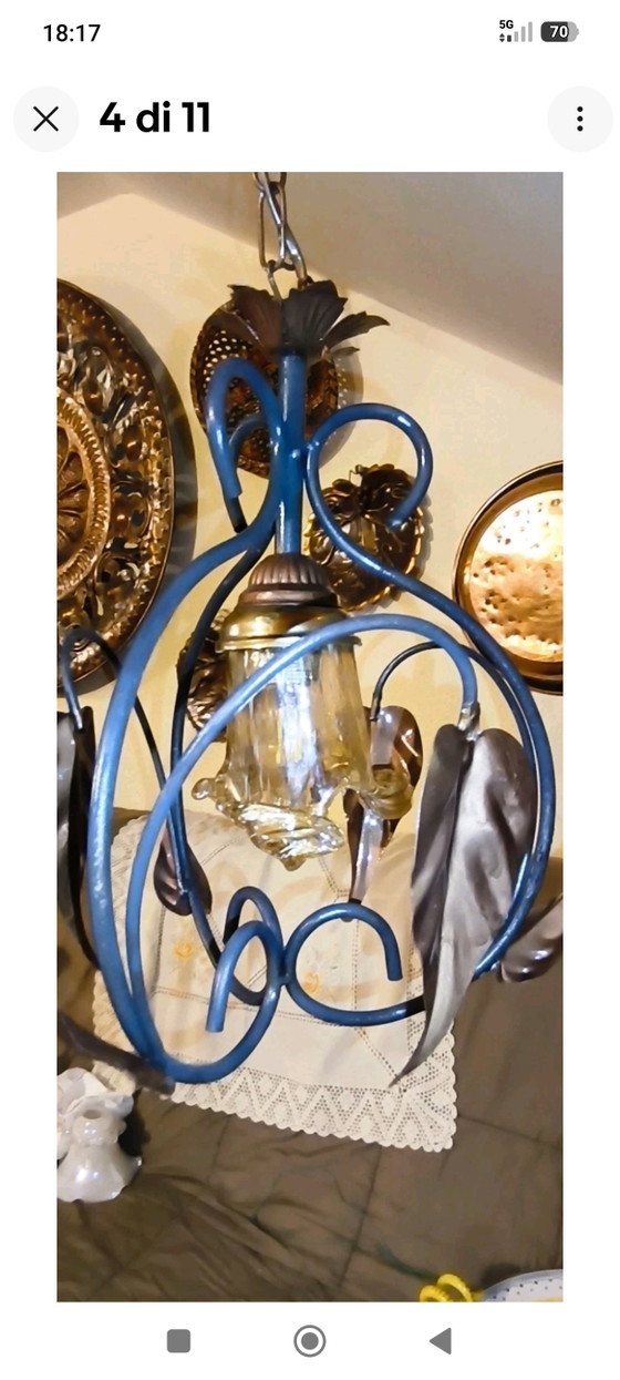 Vintage Wrought Iron Chandelier with Metal and Glass Leaves, Rustic Suspension – Pendant lamps (photo 4 of 11)