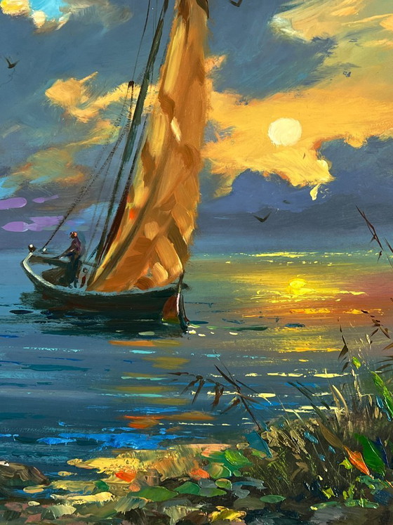 Image 1 of Dipinto ad olio originale: Paesaggio marino, cielo e barca a vela al tramonto