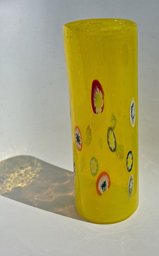 Vintage Leonardo Millefiori Vase – Hand-blown Yellow Glass – 23 cm