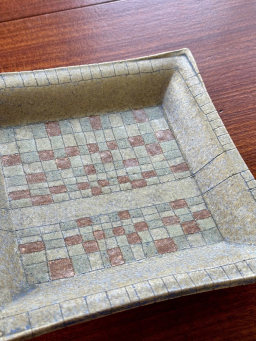 Handgemaakt vintage studio-keramiek bord jaren 70 – grafisch - wandbord