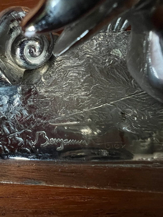 Image 1 of Original Benjamin Rabier Art Déco Chrome sur plateau en bois Cocktail / Bowle Piekser Set des années 1930.