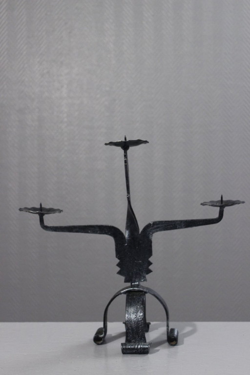 Brutalist design 3-light wrought iron candlestick candelabra, 1950s