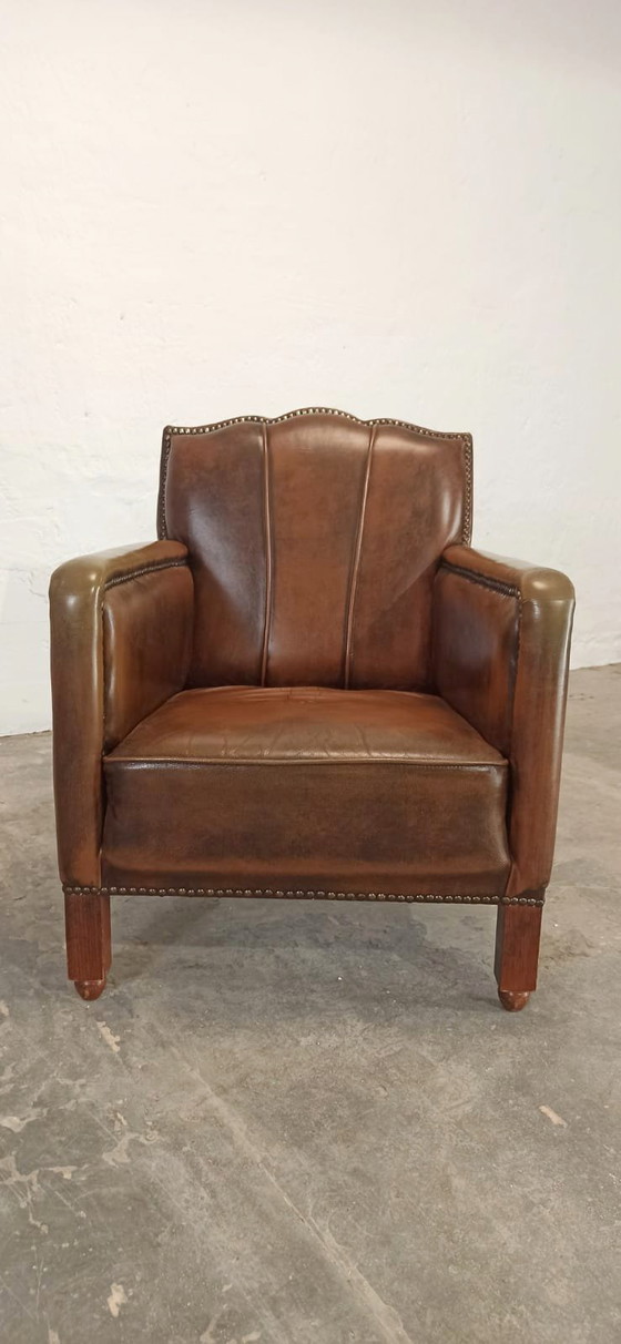 Image 1 of Fauteuil vintage Art Déco en cuir cognac