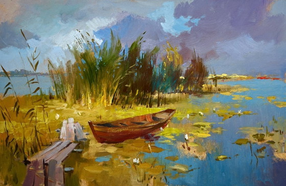 Image 1 of Original Oil Painting River Coastal Landscape A boat among the reeds