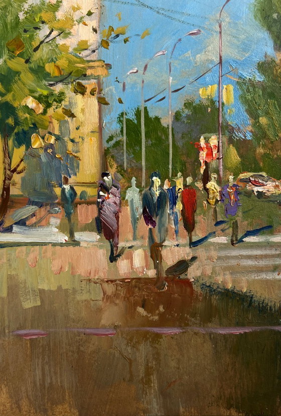 Image 1 of Pintura al óleo original Paisaje urbano de verano Ritmo veraniego de la ciudad