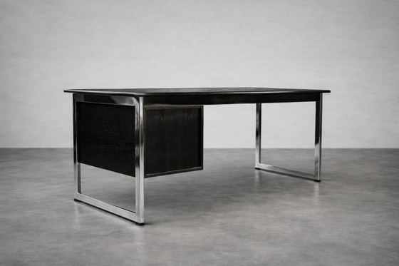 Image 1 of Vintage Mid-Century Danish Modern Minimalist Black Oak Desk with Chrome Base, 1970s