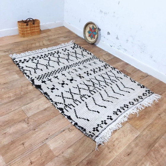 Image 1 of Natural Wool Berber Rug – Black Geometric Patterns Handwoven (175 × 125 cm)
