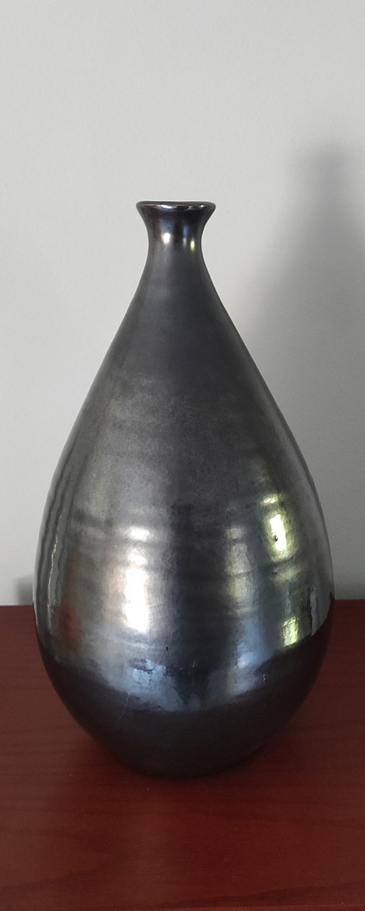 Vintage Mid-Century Ceramic Drop Vase (36cm) – Metallic Black