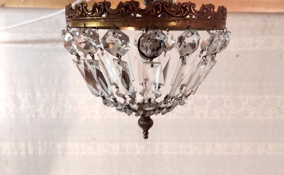 Image 1 of Lampada da soffitto Art Déco in ottone e pendenti in vetro - metà del XX secolo