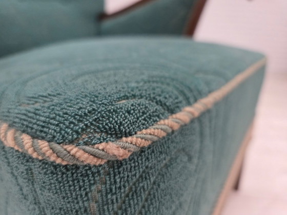 Image 1 of Dänischer Sessel aus den 1950er Jahren, original grün/beige Möbelwolle, Buchenholz.