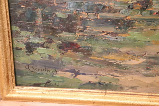 Image 1 of Italiaans bergdallandschap, gesigneerd olieverfschilderij, 20e eeuw