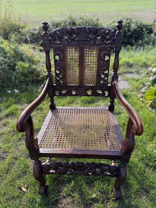 Antique English Carolean Armchair C.1900 – Carved Oak – Cherubs – Cane – fauteuils, Rattan, Wood