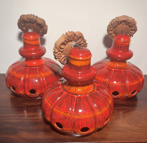 Image 1 of 3 lámparas colgantes de cerámica roja, cerámica de Alemania Occidental, años 60/70