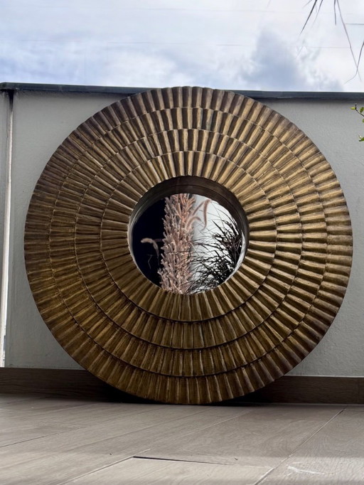 Indische messing wandspiegel – handgehamerd – antiek goud – Ø 91,5