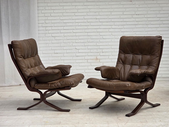 Image 1 of Anni '70, design scandinavo, poltrona in pelle marrone per arredamento.