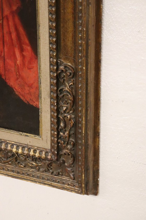 Image 1 of Olieverfschilderij op karton, Jonge schilderes met kardinaal, Italië, 19e eeuw